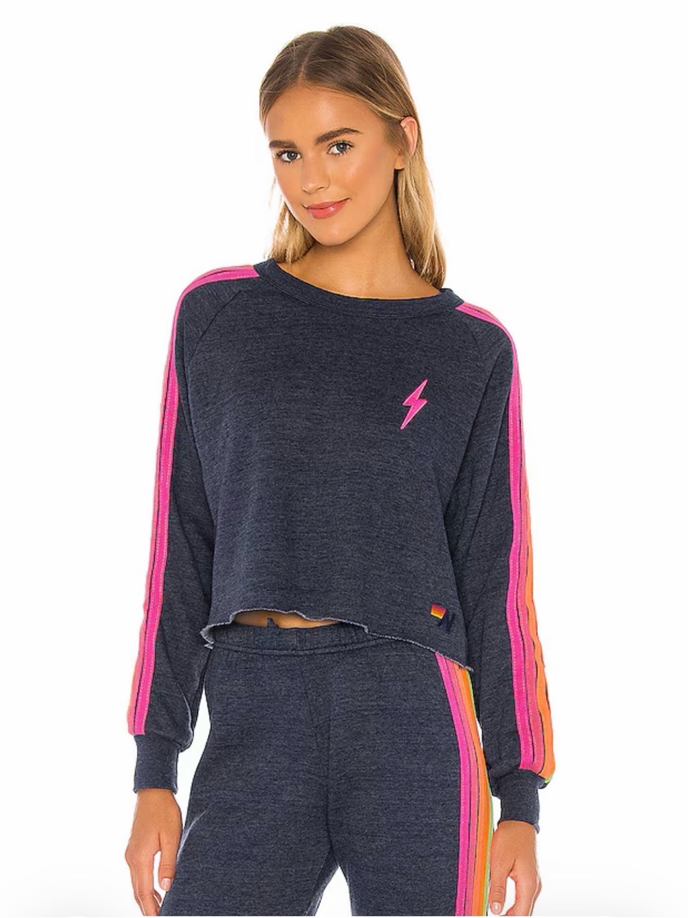 Aviator Nation Bolt Cropped Classic Crewneck Sweatshirt Blue & Pink